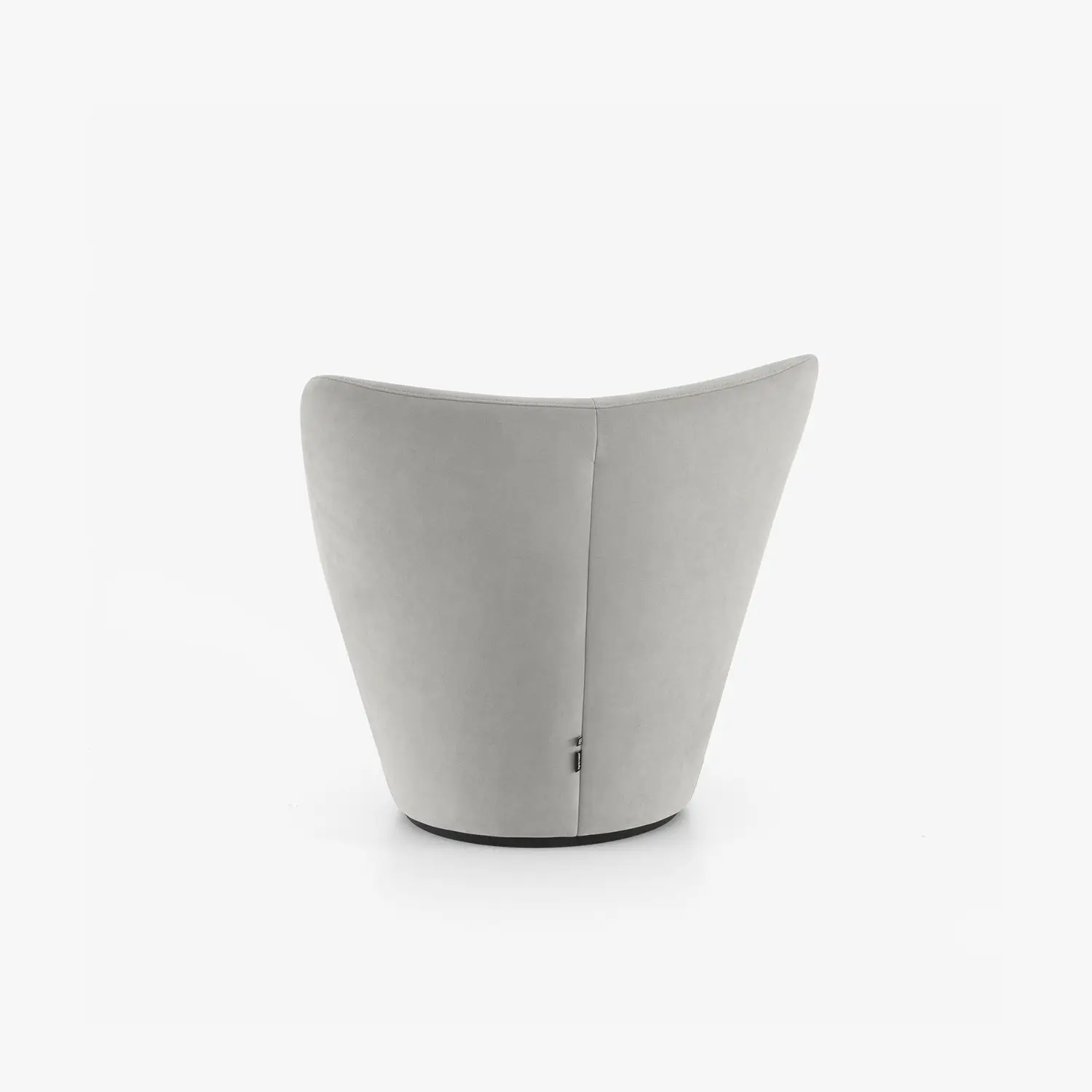 Back view of a light gray modern swivel armchair with a curved low back and black base.