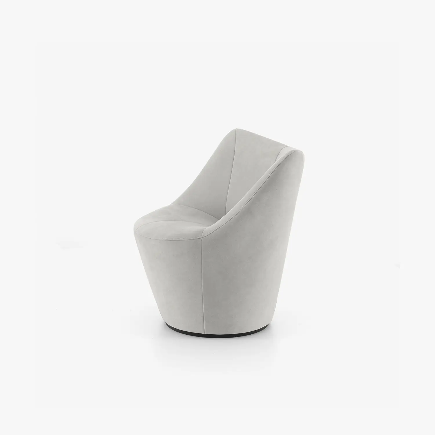 Light grey modern swiveling armchair with low back and smooth curved design.