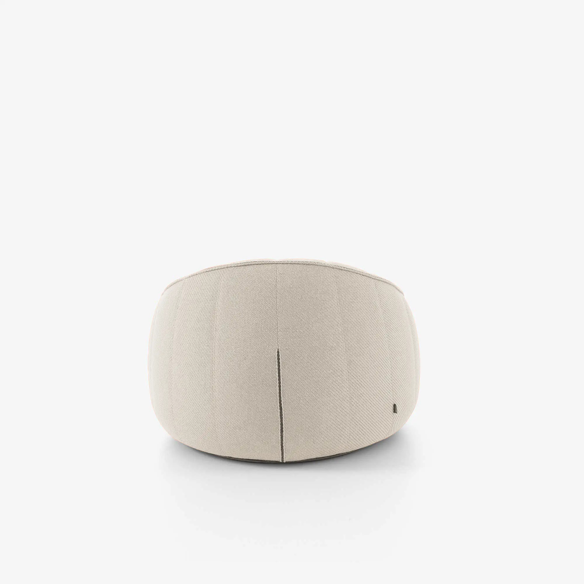 Front view of a round beige fabric ottoman on a white background.
