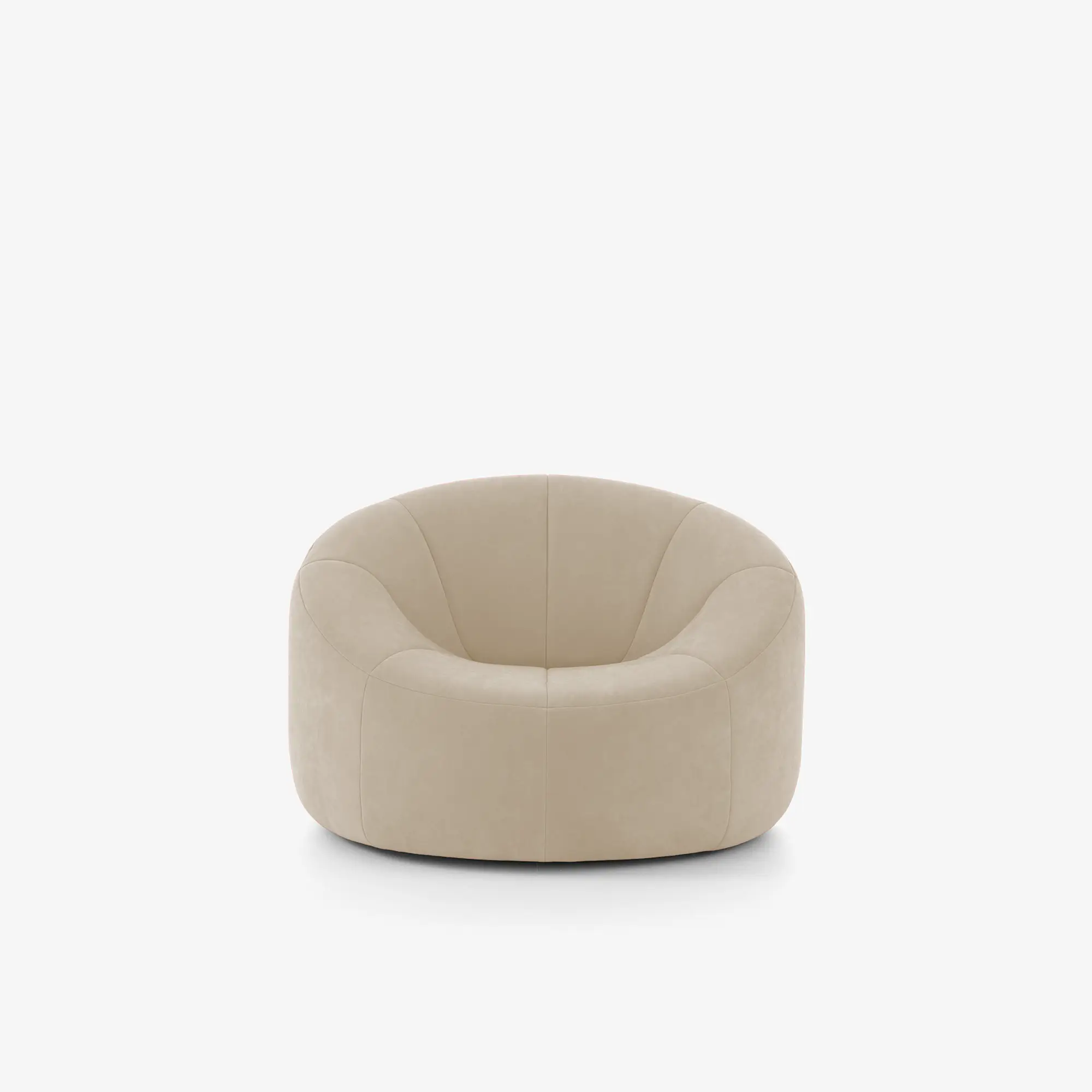 Beige rounded swiveling armchair with plush, curved cushions.