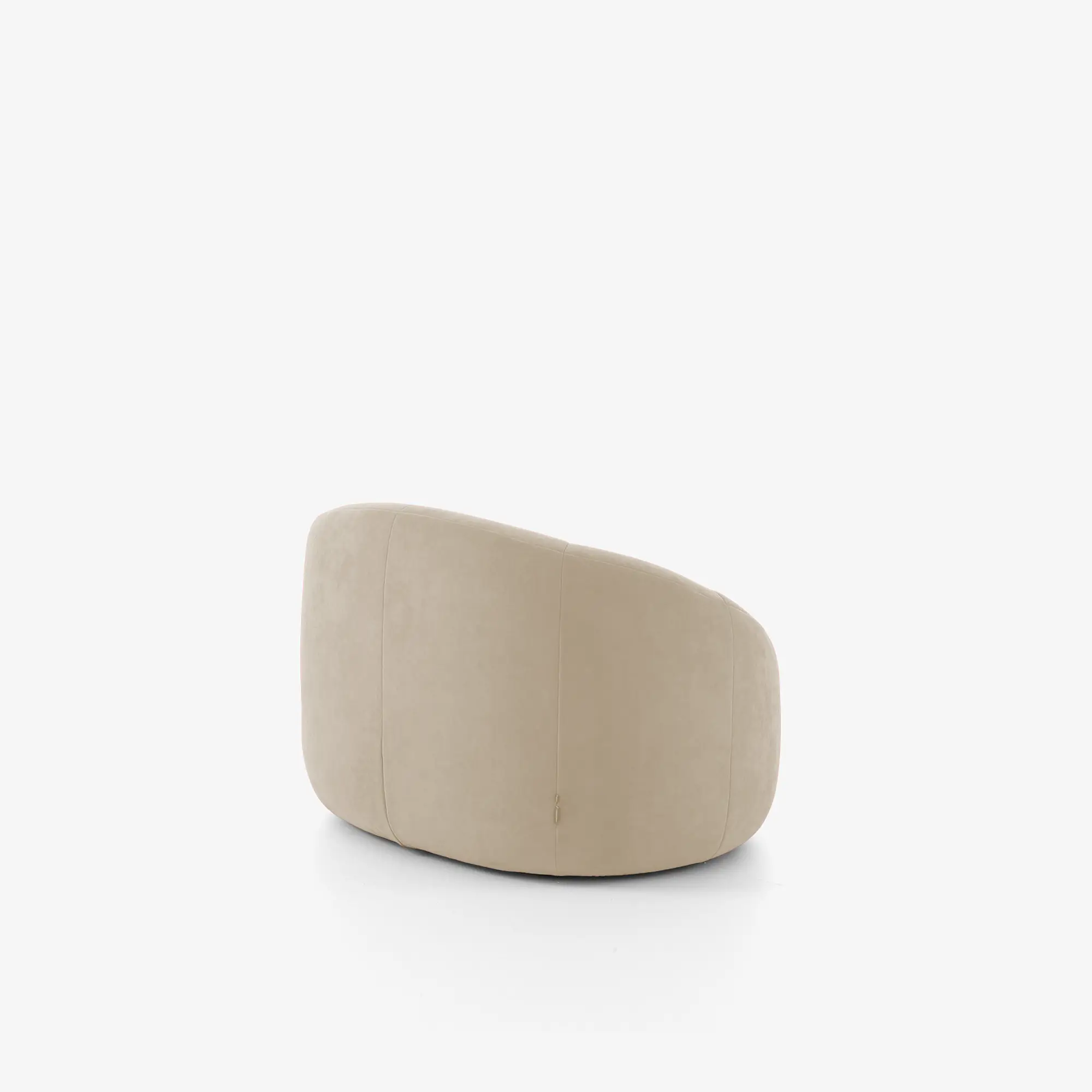 Beige rounded swivel armchair with smooth upholstery shown from the back on a white background.