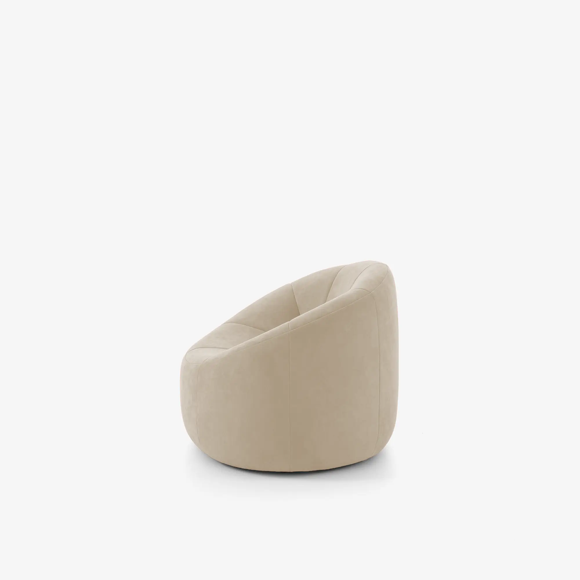 Beige swivel armchair with a rounded, cushioned design on a white background.