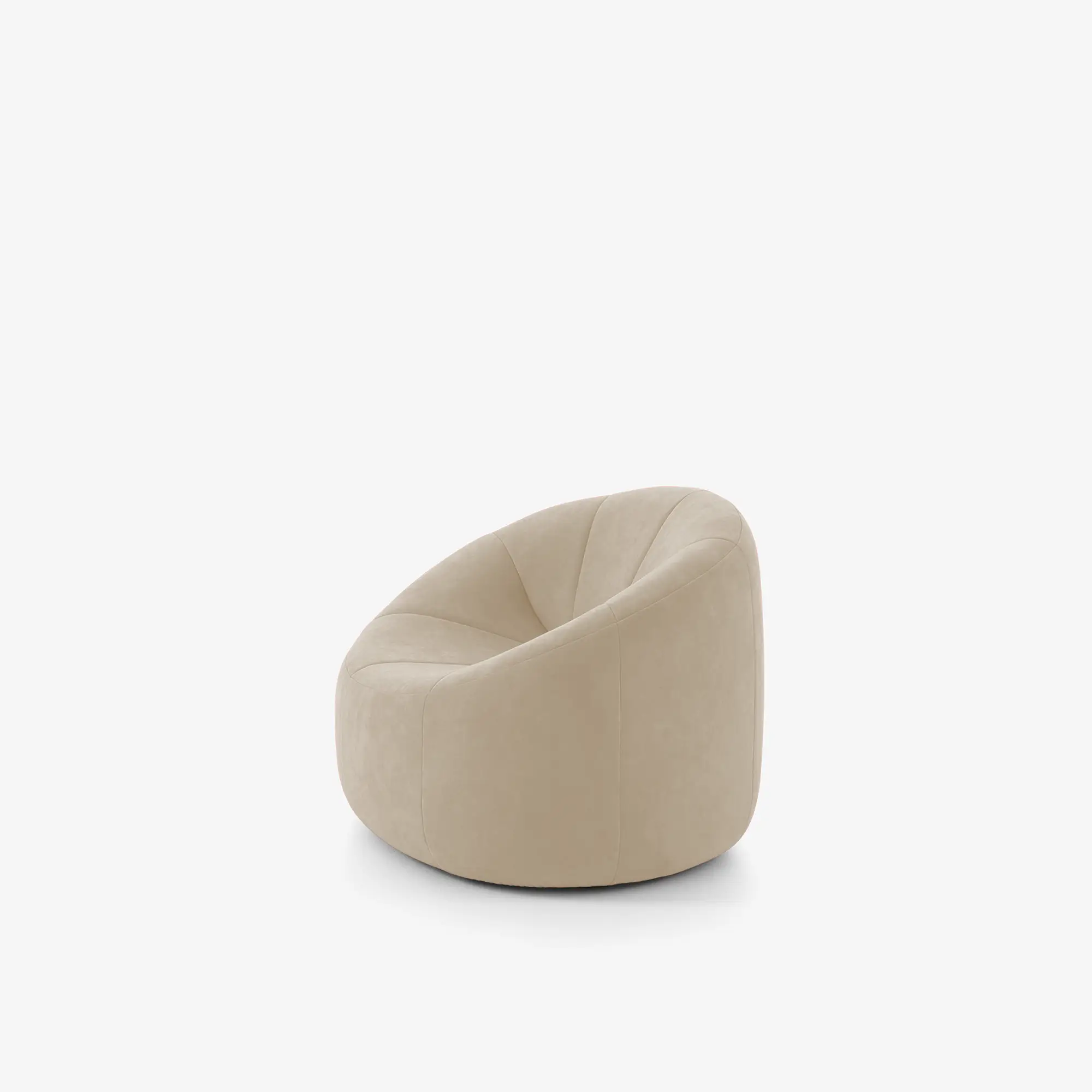 Beige cushioned swivel armchair with a rounded, modern design on a white background.