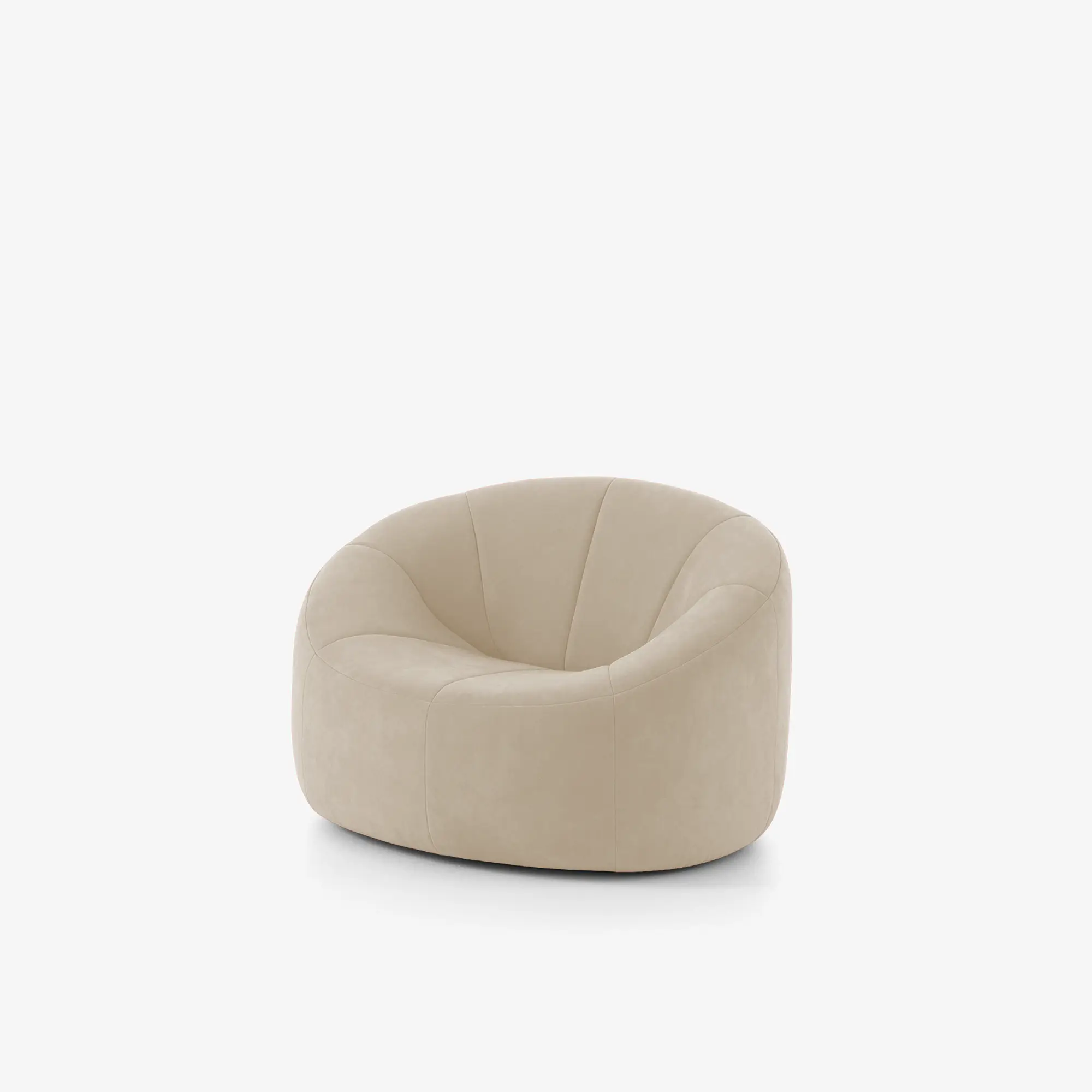 Beige cushioned swivel armchair with rounded, segmented backrest.